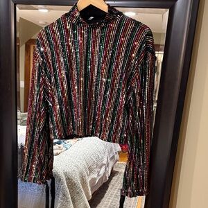 Free People Black Multicolor Sequin Striped Top